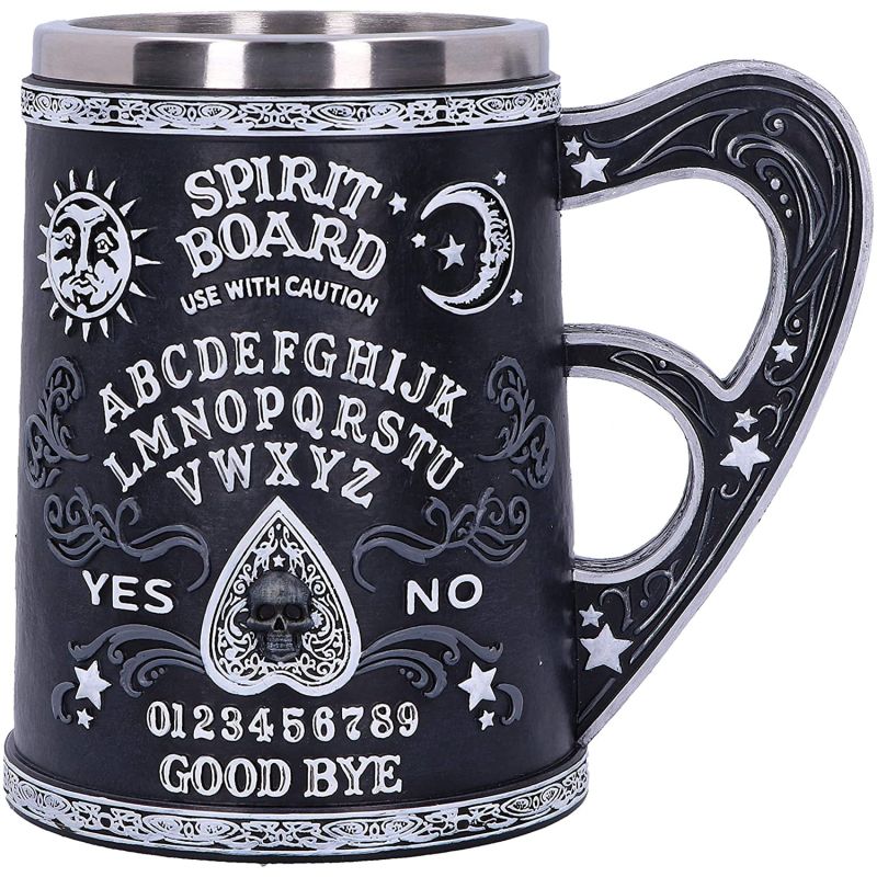 Black and White Spirit Board Tankard Mug, Resin w/stainless steel insert, 14.5cm