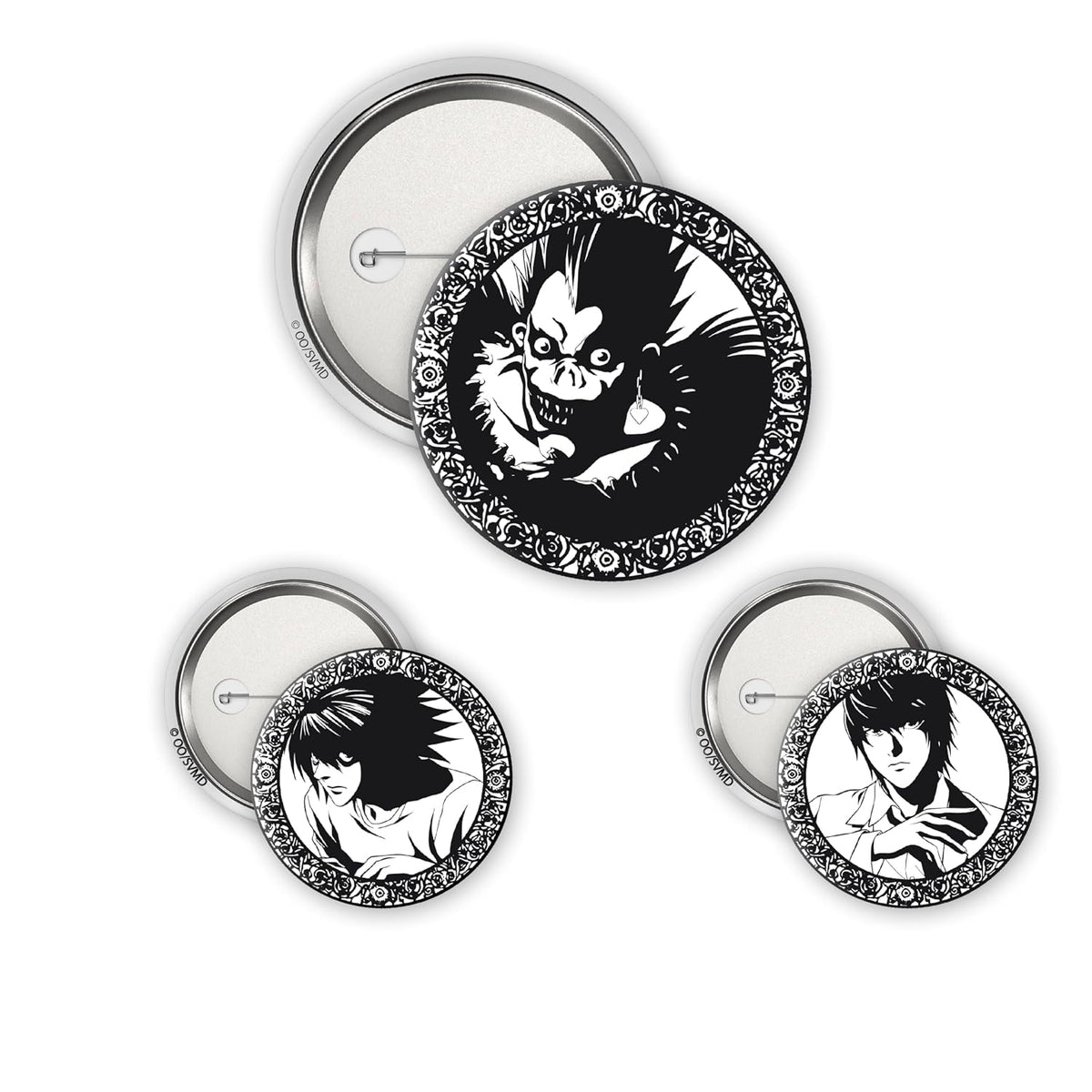 Pack of 3 DEATH NOTE Light, L & Ryuk Badges