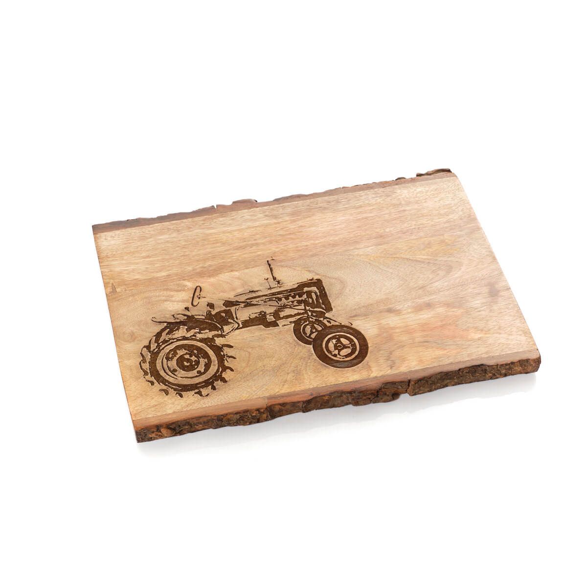 MANGO WOOD ENGRAVED DECORATIVE TRACTOR BOARD WITH BARK EDGE