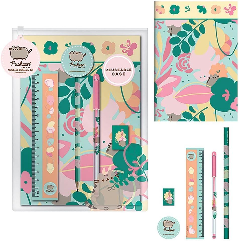 Pusheen Gift Set with A5 Notebook and Stationery Set (Botanical Design)