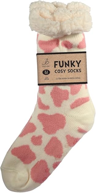 Funky Cosy Sherpa Thermal Socks - Pink Cow Print - Size 4-8