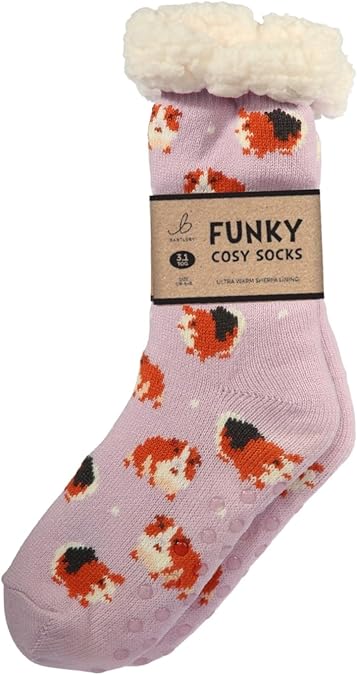 Funky Cosy Sherpa Thermal Socks - Guinea Pig Design - Size 4-8