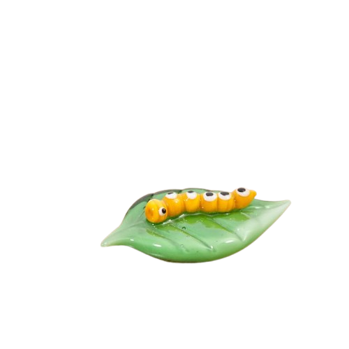 GLASS CATERPILLAR ORNAMENT IN BOX YELLOW ON GREEN LEAF
