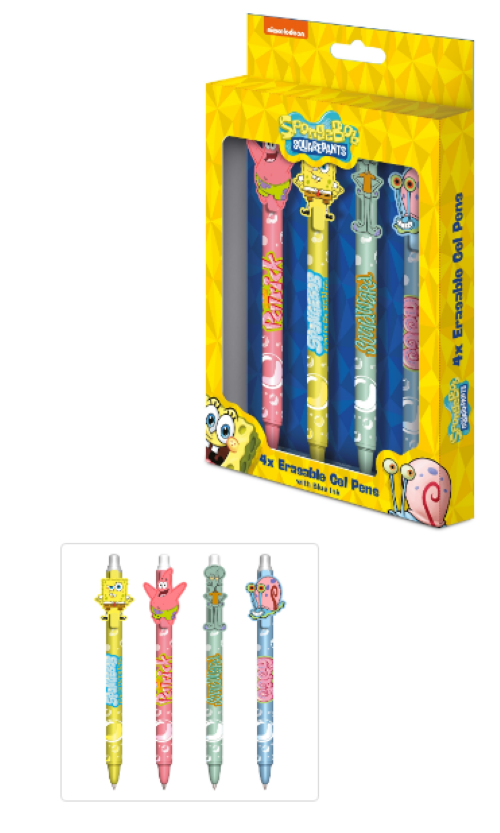 SPONGEBOB (ABSORBED) 4PK ERASABLE GEL PENS