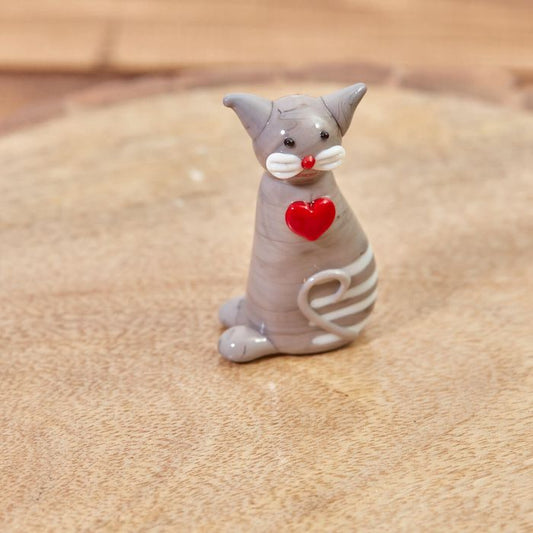 GLASS CAT ORNAMENT - GREY & WHITE WITH RED HEART
