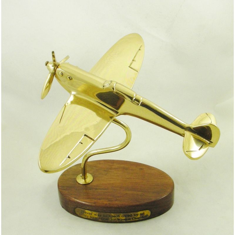 Polished Solid Brass Vintage Model on Wood Base Spitfire Aircraft Desk Ornament
